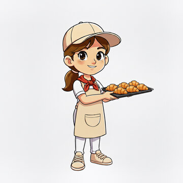 斜めを向いてパンを紹介する女性店員 パン屋のメニュー案内用ベクターイラスト