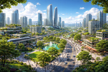 Obraz premium Vibrant modern cityscape with green parks, busy streets, and skyscrapers under a bright sky.