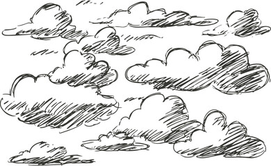 Obraz premium Hand drawn clouds sketch set, various fluffy cloud shapes and sizes in black ink