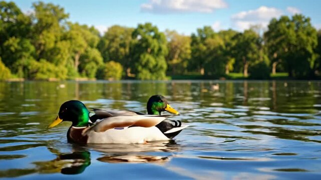 Two male mallard ducks swimming in a peaceful lake with reflections on a sunny day with green trees