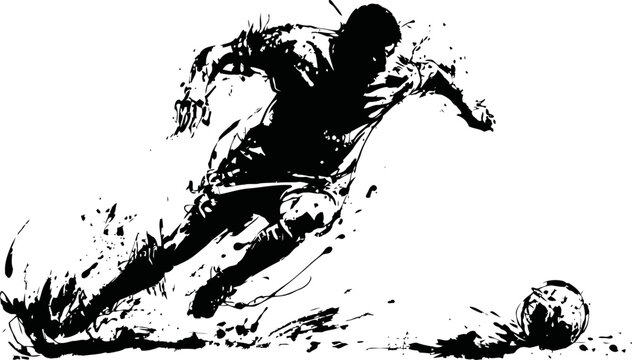Dynamic soccer player silhouette kicking ball with speed and energy motion effect
