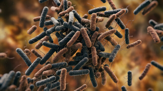 Microscopic bacteria colony, rod-shaped bacilli microorganisms in brown and black tones, scientific 3D illustration of infectious pathogens