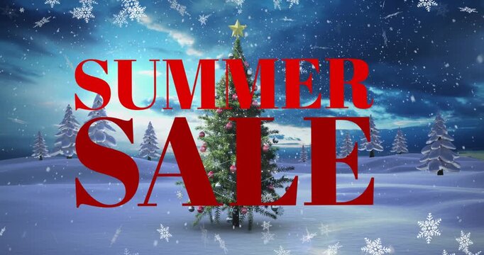 Animation of summer sale text banner and snow falling over christmas tree on winter landscape