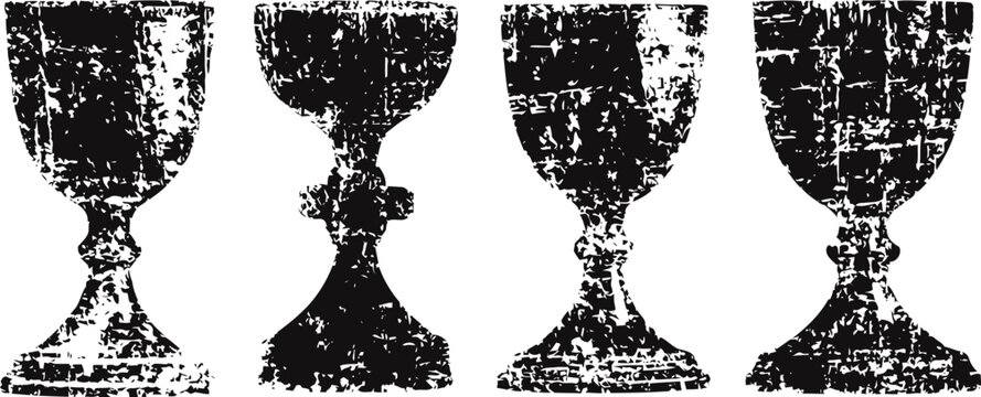 Rustic vintage goblets set with textured distressed silhouettes on white background