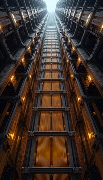 Massive Vertical Industrial Infrastructure with Glowing Amber Fiber Optic Backbone and Blackened Steel Beams in Clean Monolithic Composition for Future Tech Banner