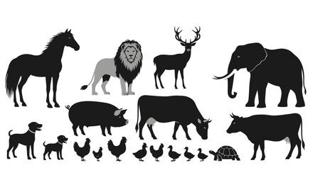 Fototapeta premium Animal silhouettes collection featuring various domestic and wild creatures.