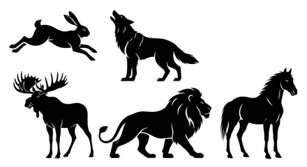 Collection of various wild animal silhouettes on a white background. © Keira