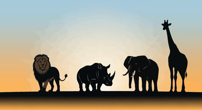 African wildlife silhouettes at sunset, majestic safari animals in natural habitat.