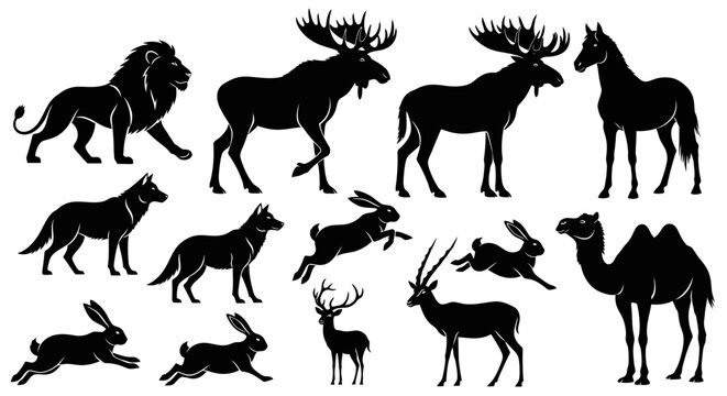 Collection of various wild animal silhouettes on a white background.