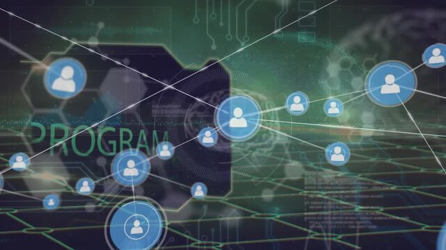 Animation of network of connections with icons scientific data processing in background