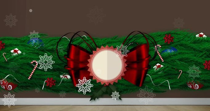 Animation of snowflakes falling over red ribbon banner with copy space and christmas decorations