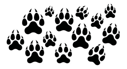 Fototapeta premium Black paw prints of various sizes scattered on a white background.
