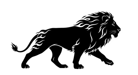 Majestic Black Lion Silhouette with Fiery Mane and Tail. © Citra