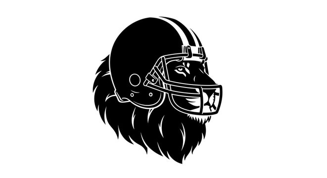 Lion wearing a football helmet black and white illustration.