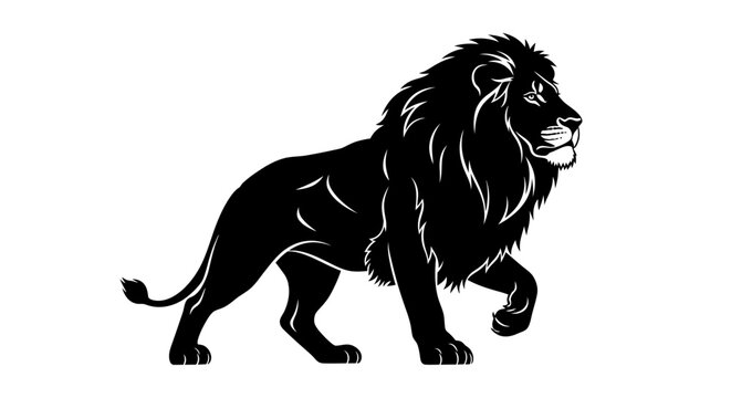 Majestic black lion silhouette walking with powerful stride and detailed mane on a clean white background.