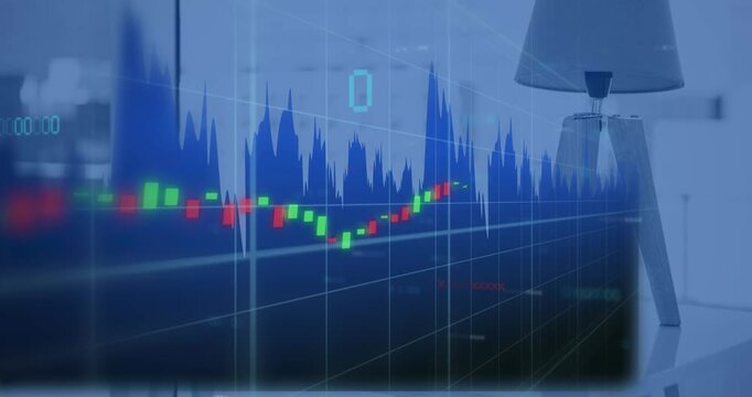Animation of financial data processing against empty office