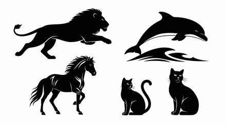 Collection of animal silhouettes including lion, dolphin, horse, and cats. © Keysa