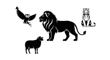 Collection of black silhouettes of various animals including an owl, lion, tiger, and sheep on a white background. © Keysa