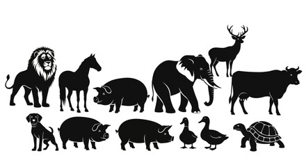 Fototapeta premium Collection of various animal silhouettes on a white background.