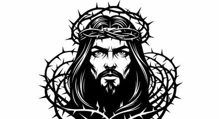 Fototapeta premium Jesus Christ with Crown of Thorns Black and White Illustration.