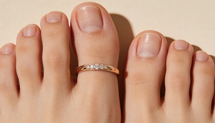 Naklejka premium A close-up of a woman's feet with a diamond ring on her toe.