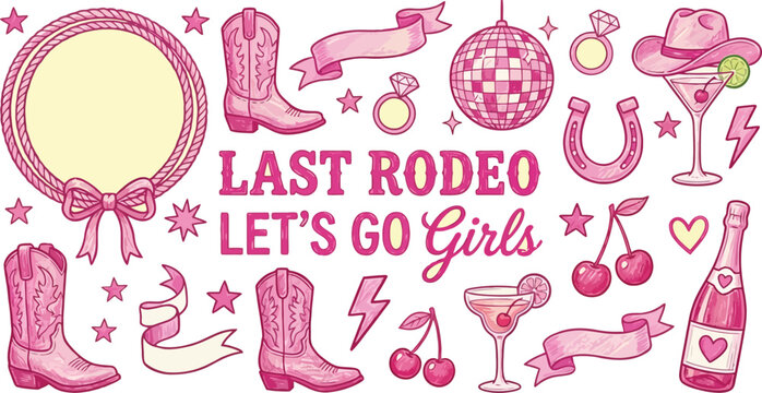 Last Rodeo Lets Go Girls Western Bachelorette Party Doodle Vector Set