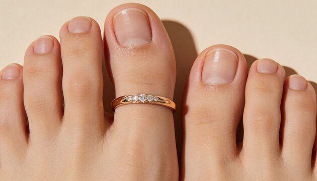 A close-up of a woman's feet with a diamond ring on her toe.