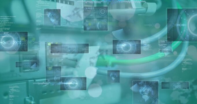 Animation of spots of light and data processing against close up of computer server