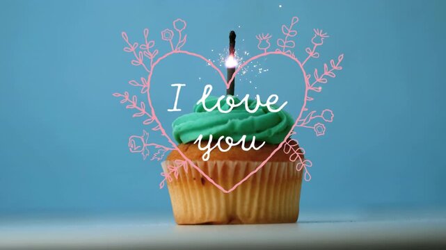 Animation of i love you text on pink heart icon and burning sparkle on a cupcake on blue background