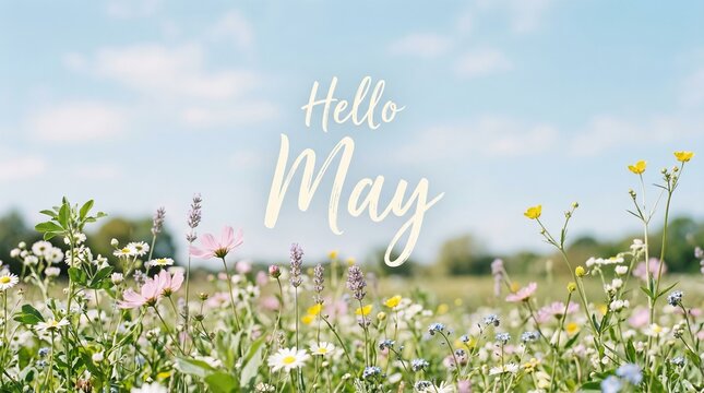 Hello may floral background design spring greeting in pastel colors fresh green nature with blooming flowers