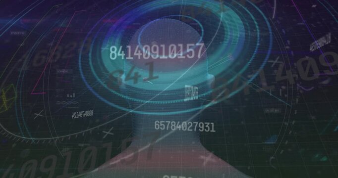 Animation of digital screen with data processing, numbers, glitch and human head model