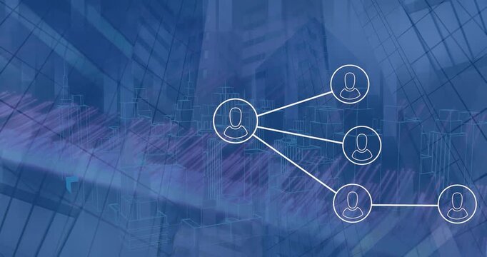 Animation of network of profile icons and light trails over 3d city model against tall buildings