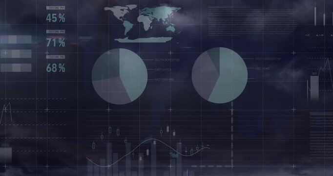 Animation of data processing over world map and clouds