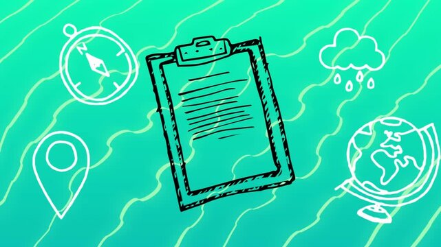 Animation of clipboard and school items over green background
