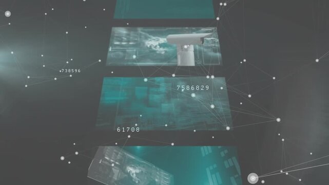 Animation of data processing over screens on black background