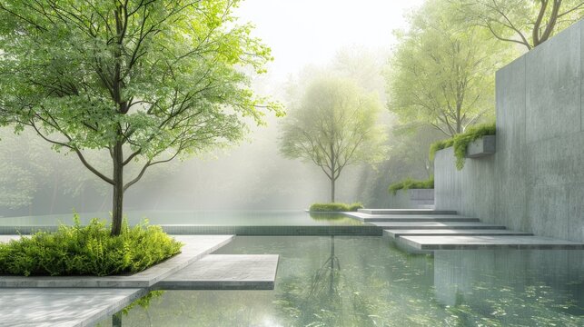 Green trees in minimalistic eco city.
