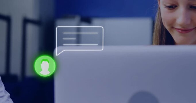 Animation of chat notification on laptop, woman smiling at screen in school