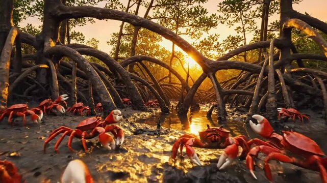 Red Crabs in Mangrove Roots at Golden Hour Sunset
