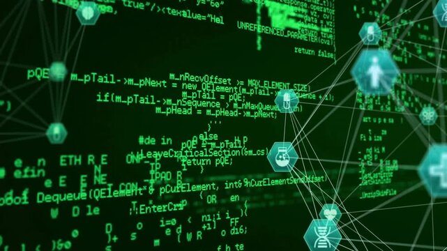Code snippet appearing triggers scrolling code while 3D network animates connecting health icons