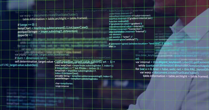 Male coder exploring technology workspace, navigating neon green grid and code overlays