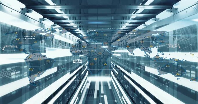 Forward camera gliding rack corridor triggers map fading, icons appearing showing global data flow