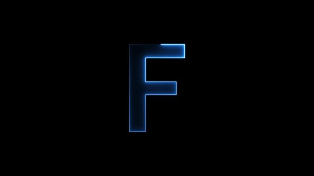 Glowing neon letter 'F' symbol, a shiny light font illustration on a black background English alphabet education type word writing letter text effect smooth footage sign symbol with black background