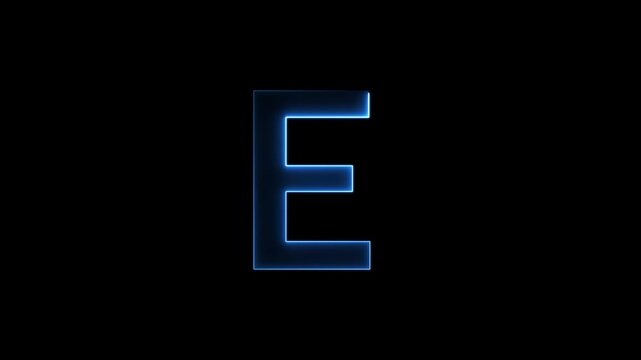 Glowing neon letter 'E' symbol, a shiny light font illustration on a black background English alphabet education type word writing letter text effect smooth footage sign symbol with black background