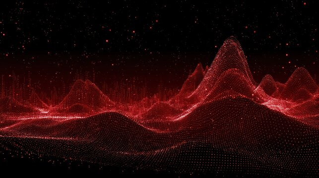 Abstract red digital landscape with wireframe mountains and data particles