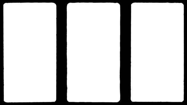 Three vertical vintage film frames layout. Retro cinematic matte with textured organic edges and rounded corners. Multi-frame overlay for creative video masking and split screen effects.