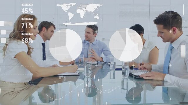 Vertical video: Lead leaning and clasping discussing business results as charts cycling around team