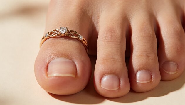A close-up of a woman's foot with a diamond ring on her toe.