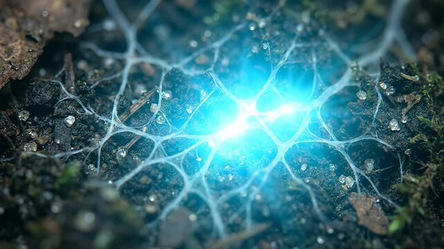 Glowing mycelial network, illuminated mycorrhizal fungi, underground tree roots, vital ecological connections, symbiotic fungal life, earth's natural intelligence, nutrient exchange