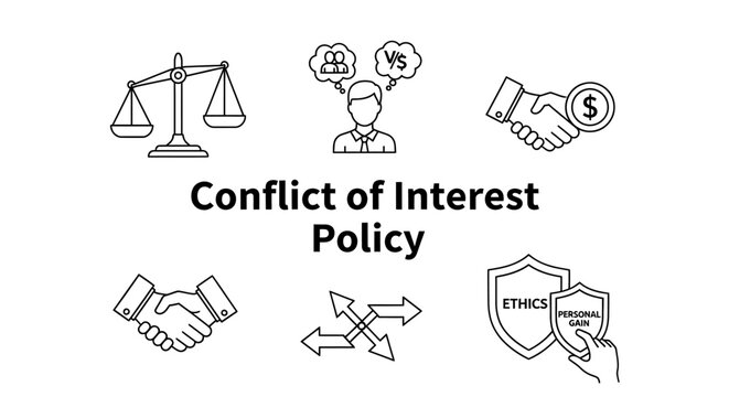 Concept illustration of "Conflict of Interest Policy" with business ethics and integrity icon set.