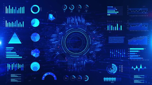 Futuristic Data Analytics HUD Interface Advanced digital dashboard charts indicators central system core. for data science videos, AI interfaces, business analytics visuals technology presentations.